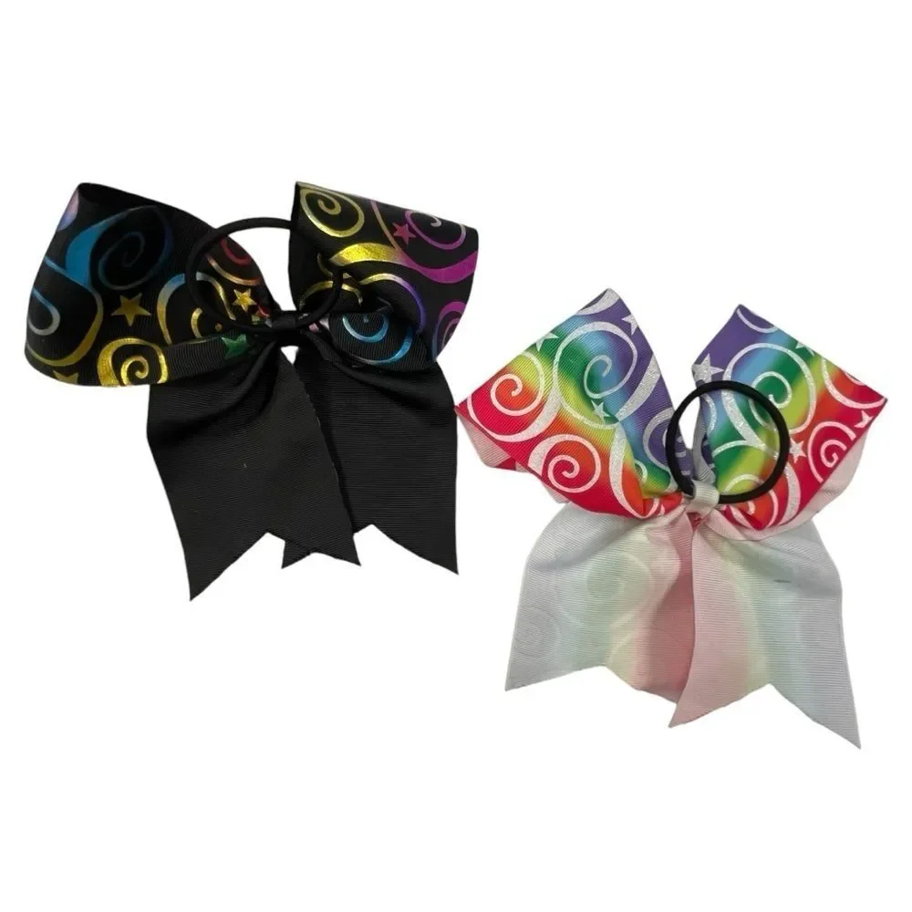 Cheer Hair Bows Set of 2 Elastic Band Rainbow Swirl Metallic Girl's Size Large